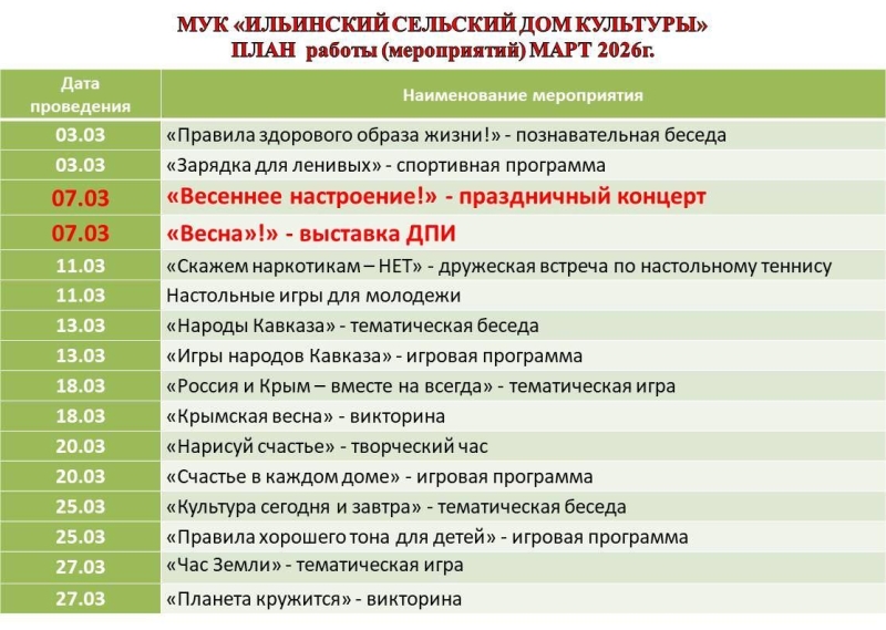 План на март 2026 Культура Калужской области